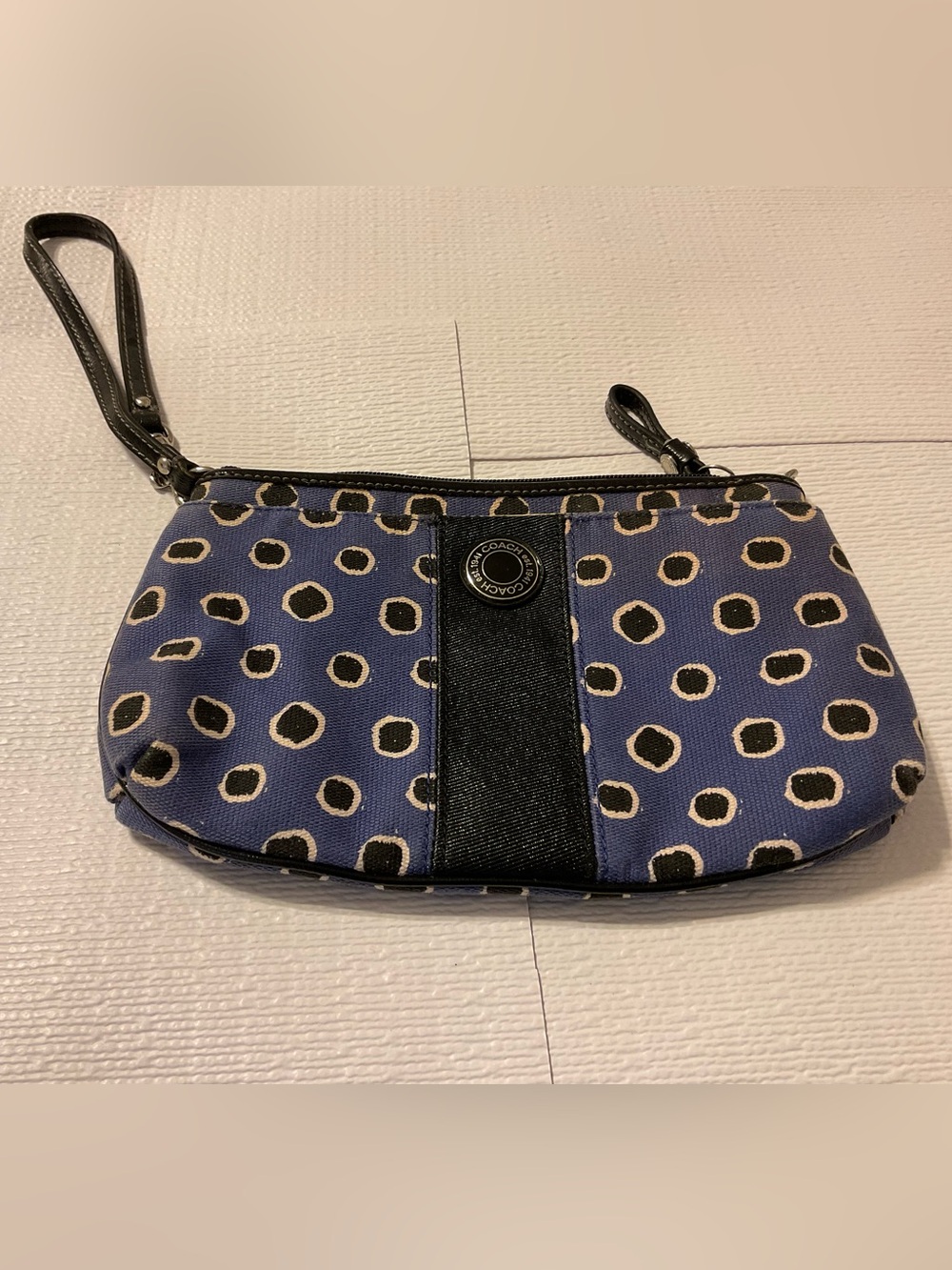 Coach Blue Polka Dot Wristlet with Black Trim